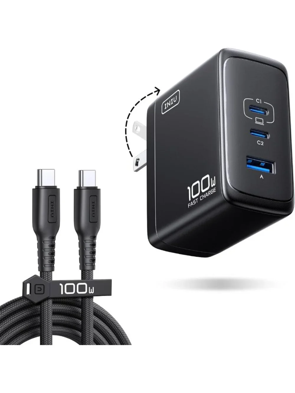 100W GaN Fast Charging Block, 3-Port USB-C Charger & 5ft Cable, Travel Ready!